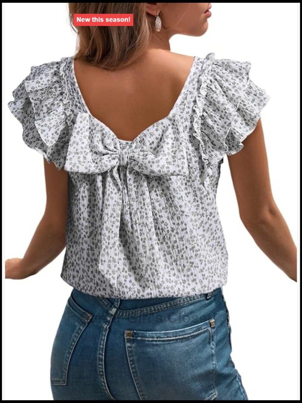 Women's Square Neck Bow Back Blouse Ruffle Butterfly Sleeve Babydoll Textured